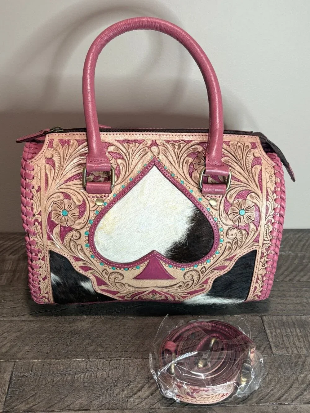 Handcrafted Tooled Leather Cowhide Handbag Pink Floral Spade Western Satchel